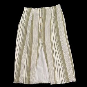 LAUREL GRAY XL cream/vertical olive stripes elastic waist linen blend skirt